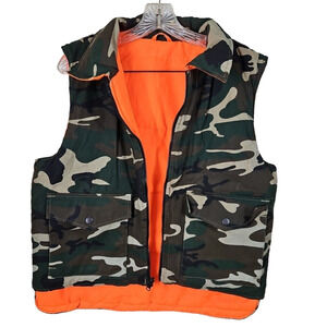 SPORTS AFIELD Vest Mens Medium Camo Neon Orange Hunting Reversible Puffer Jacket